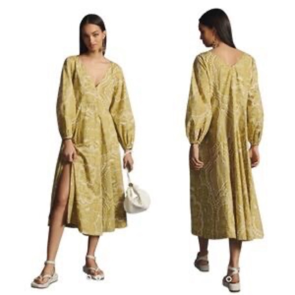 NWT Anthropologie Floral Long Sleeve V-Neck Pullover Midi Dress Paisley Green M